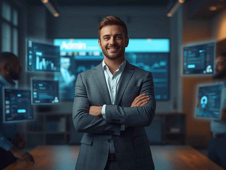 a confident man in a suit stands in a modern office, smiling with arms crossed. behind him, digital screens display data charts and graphs on why admin support matters