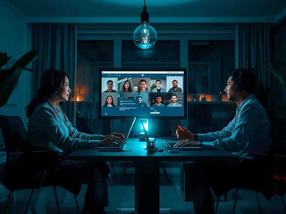 two people sit at a dimly lit table, using laptops for a virtual meeting. a screen displays multiple faces, creating a focused, collaborative atmosphere.