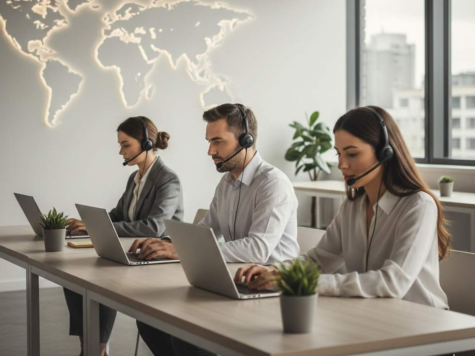 three call center agents wearing headsets work at laptops in a modern office. a world map decorates the wall, and city buildings are visible outside.