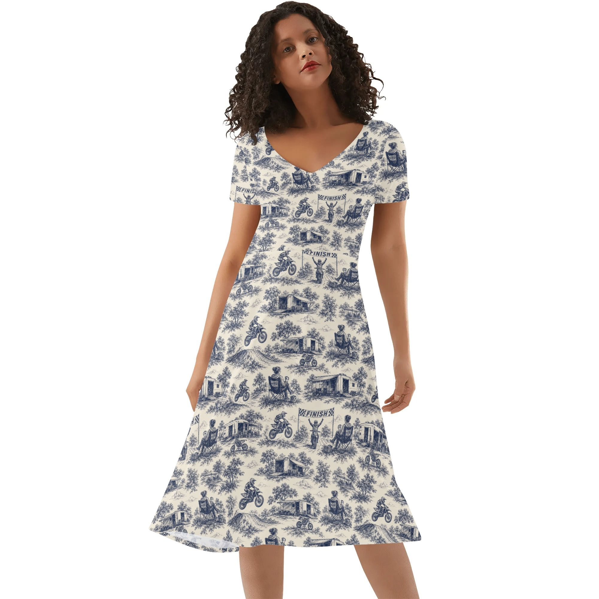 Blue Toile Print Women's Ruffle Trim Hem Summer Dress