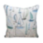 Boat throw pillow in blues, teals, and white made by Aubergine Home Collection in South Carolina.
