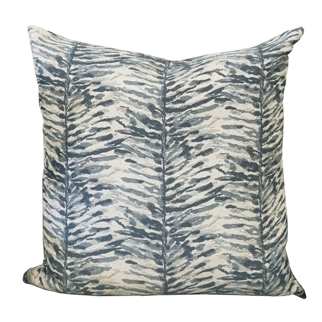 Square slate blue and beige abstract zebra throw pillow made by Aubergine Home Collection in South Carolina.