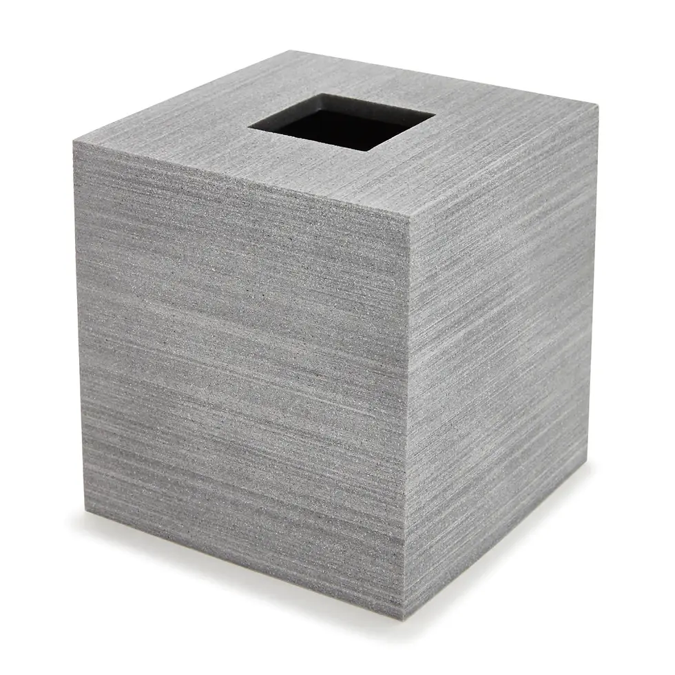 Thumbnail: Minimalist tissue box cover from the stone grey Slate bath accessories collection available at Aubergine Home Collection.