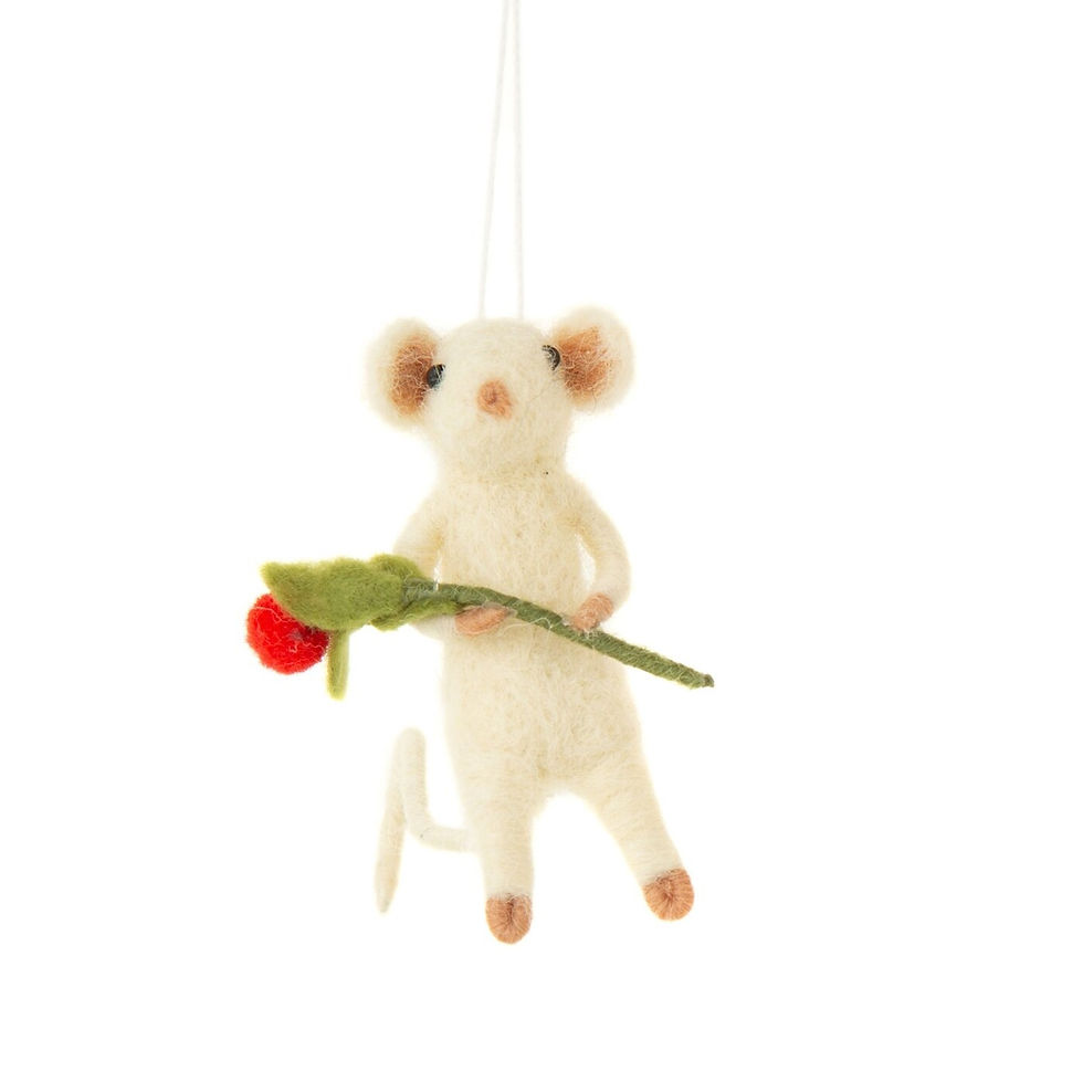 Miniatura: White Christmas mouse ornament holding a flower stem