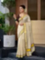 Thumbnail: Coffee Bean Golden Stripe Kasavu Tissue Saree With Tussel Side View