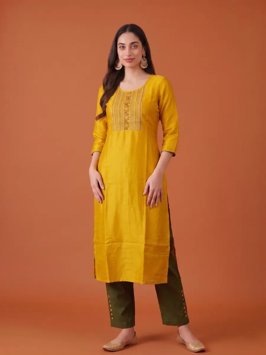 Thumbnail: Honey Yellow Embroidered Kurta Set with Olive Dupatta Full View