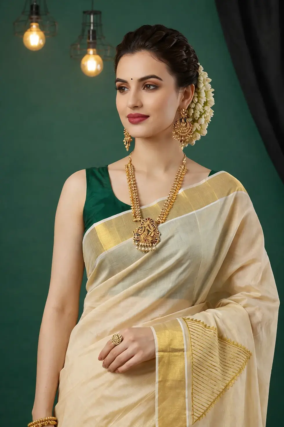 Pyramid Embroidery Golden Kasavu Tissue Saree Close Up View