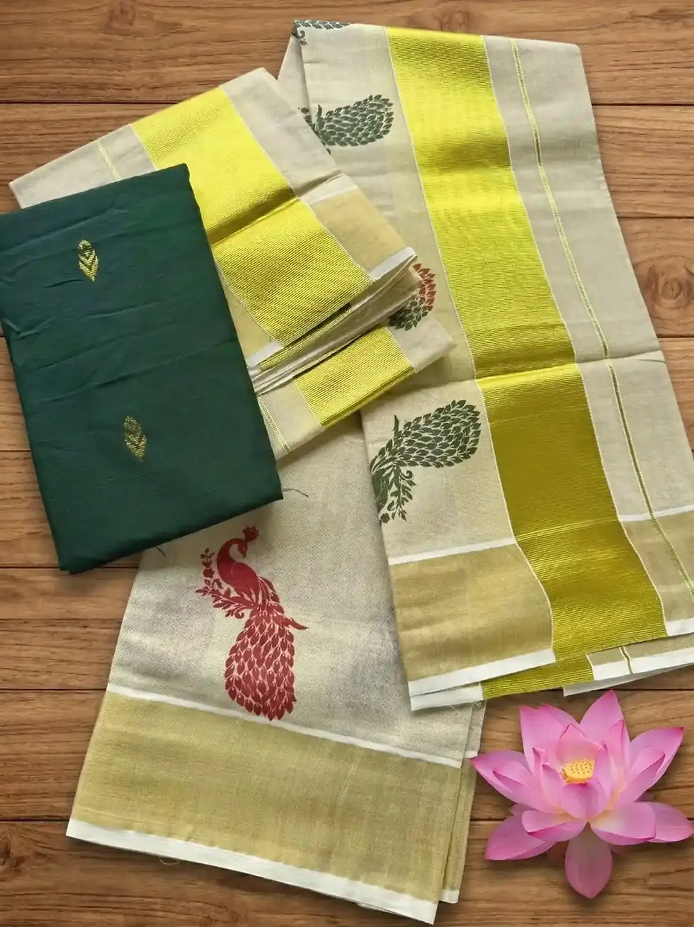 Dark Green & Maroon Peacock Kasavu Tissue Setmundu Top View