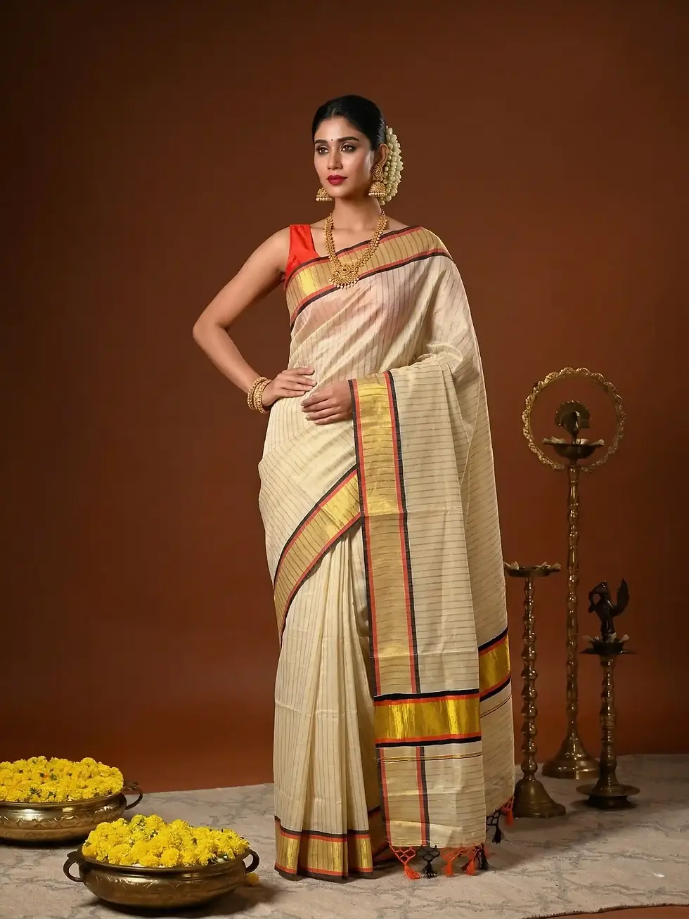 Orange & Black Golden Stripe Kasavu Tissue Saree Main View