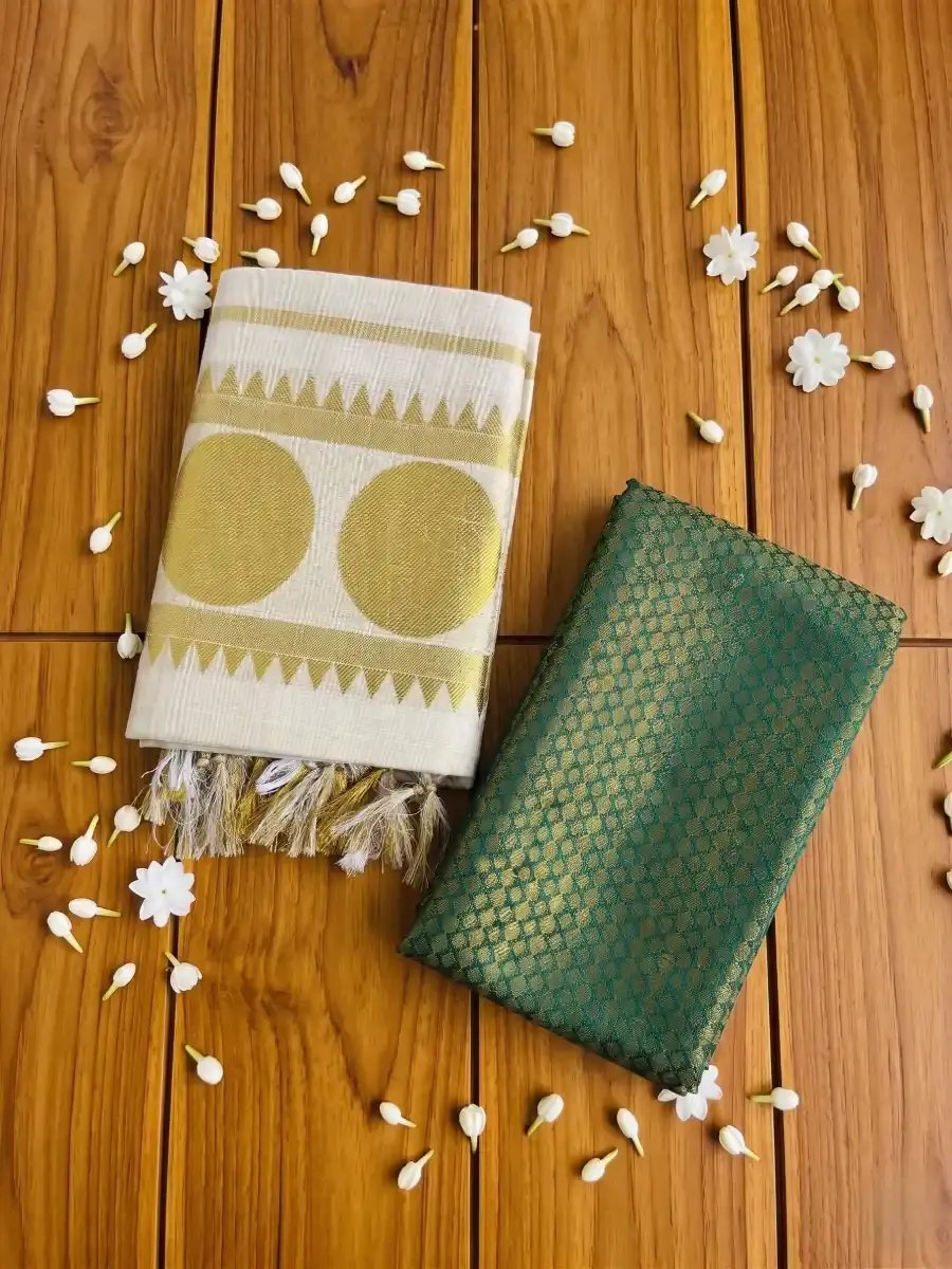 Thumbnail: Golden Temple Dot Design Jacquard Tussel Tissue Kasavu Setmundu Top View