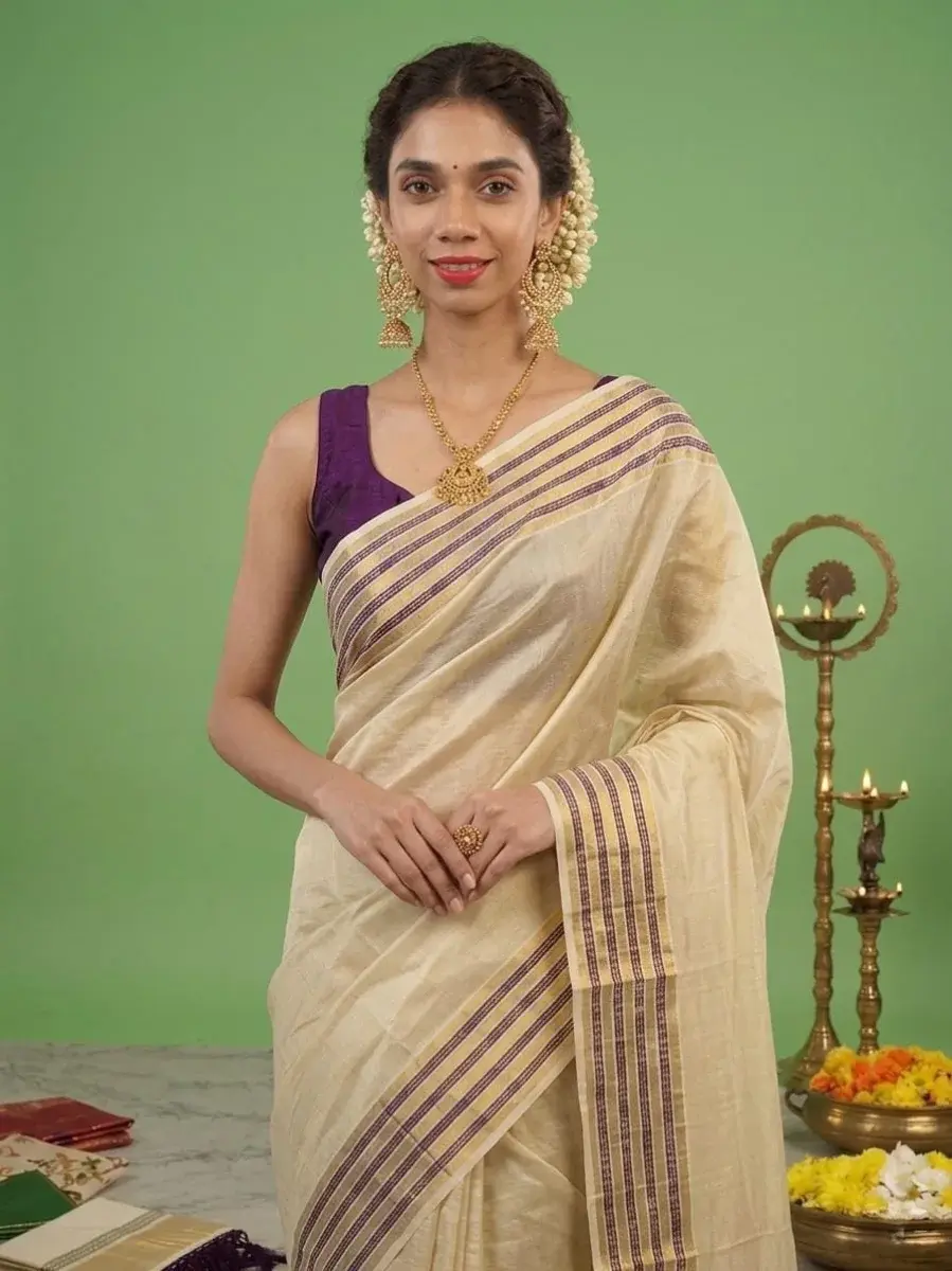 Violet Golden Stripe Kasavu Tissue Saree With Tussel Close Up View