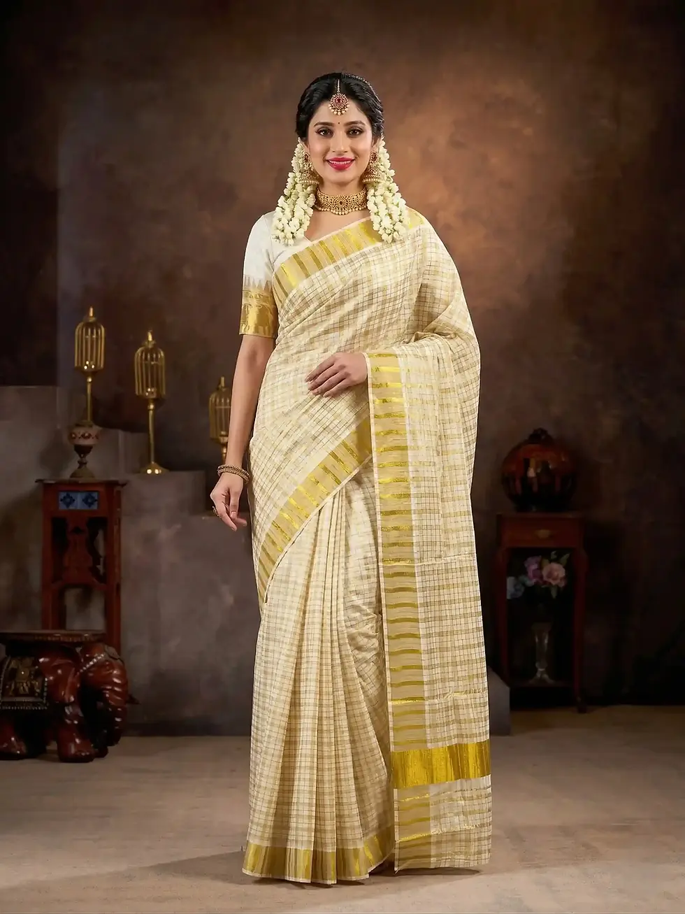Traditional Kerala Check Design Golden Kasavu Cotton Saree Front View