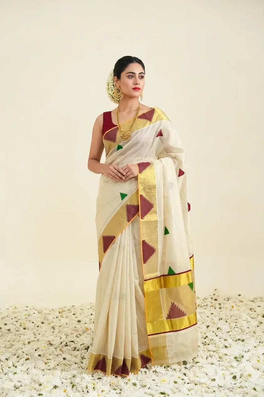 Green & MaroonTemple Design Golden Kasavu Tissue Saree Front View