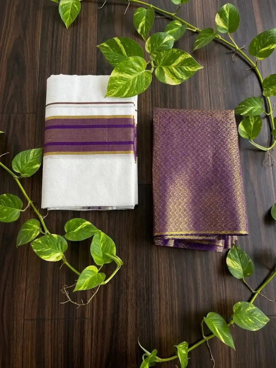 Thumbnail: Purple Golden Kasavu Cotton Setmundu Fold View