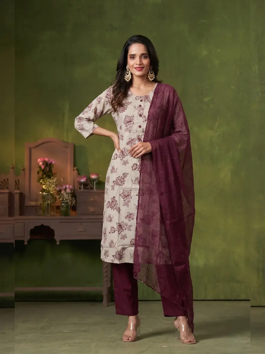 Beige Floral Printed Kurta Set with Brown Dupatta Front View