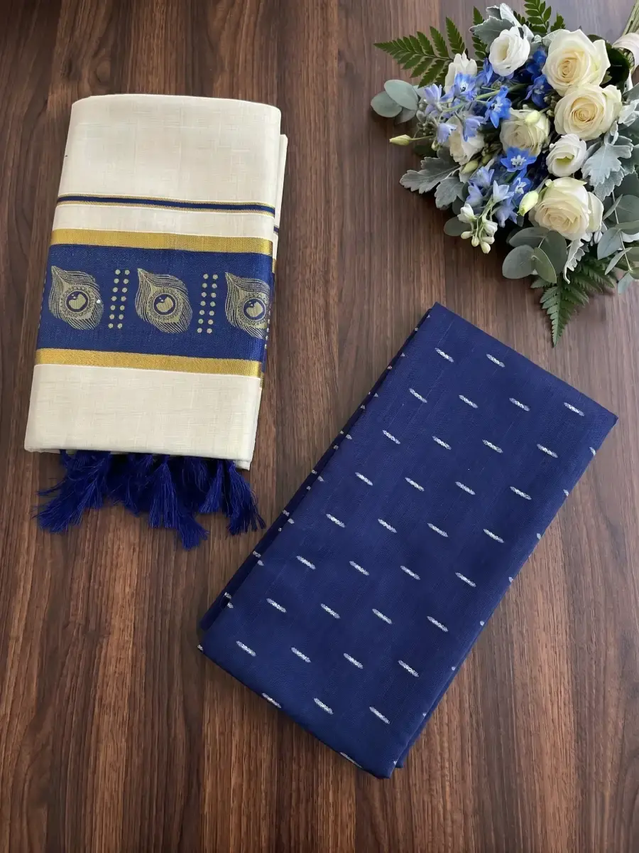 Navy Blue Feather Golden Kasavu Tussel Tissue Setmundu Top View