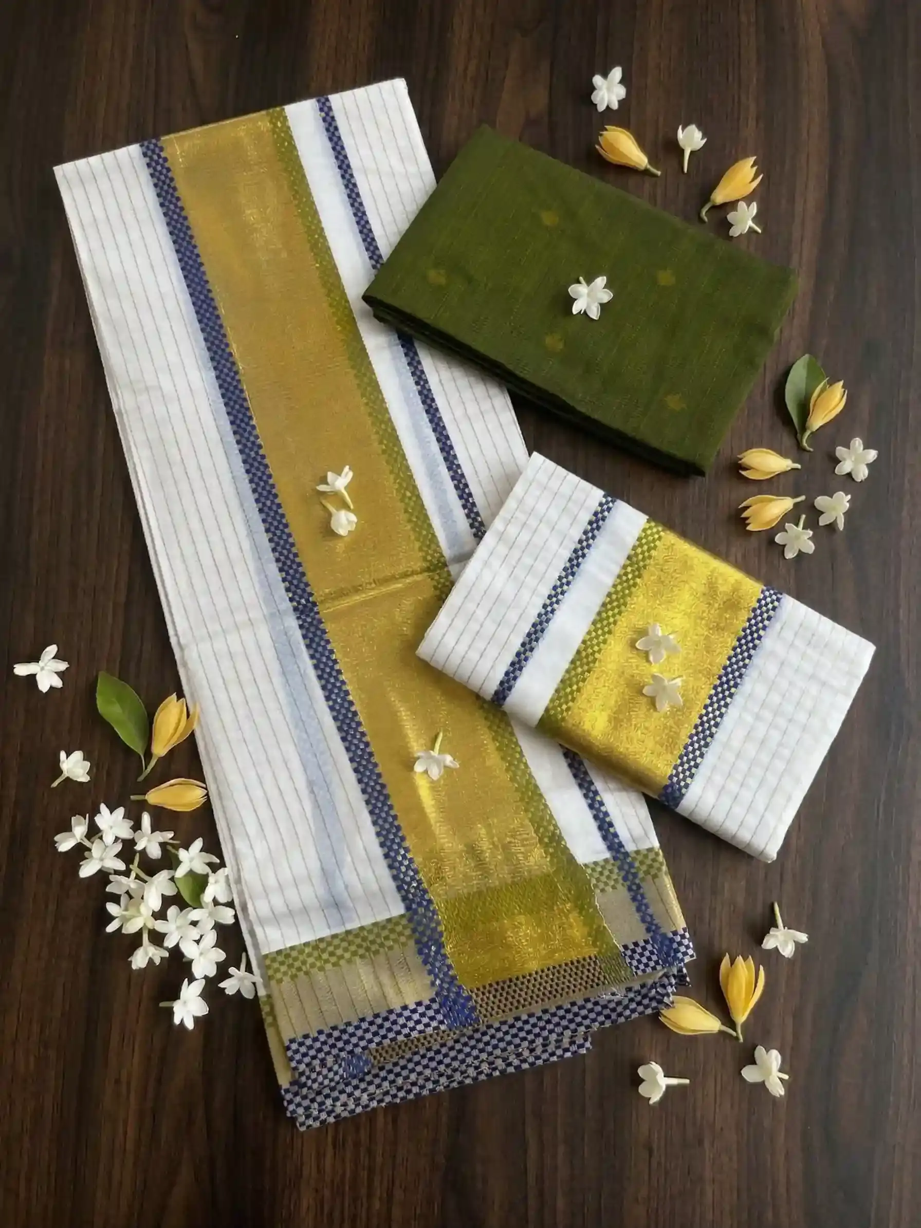 Pea Green & Blue Golden Stripe Kasavu Cotton Setmundu Main View