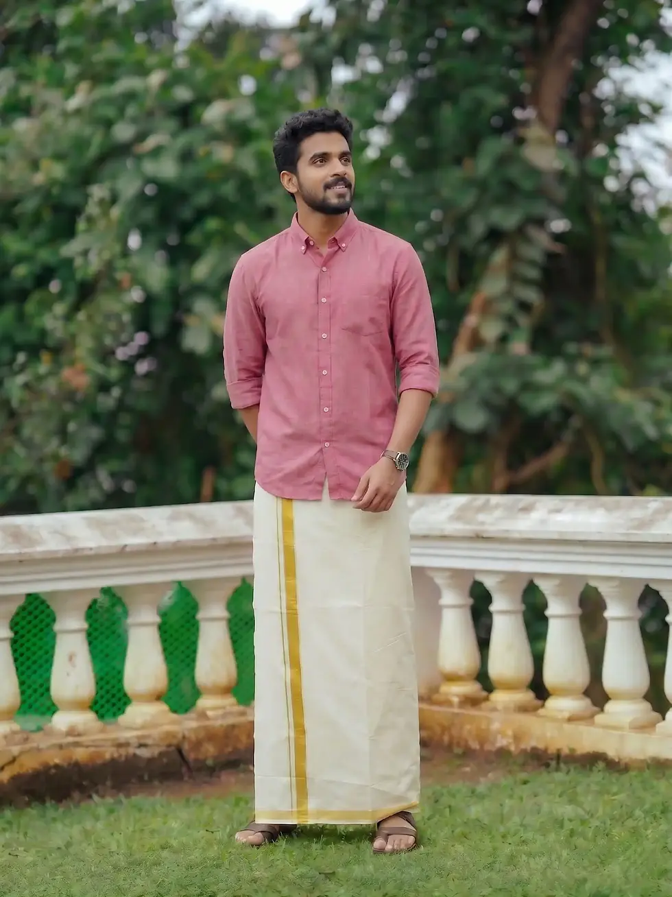 Thumbnail: Rose Pink Linen Cotton Shirt and Kasavu Mundu Side View