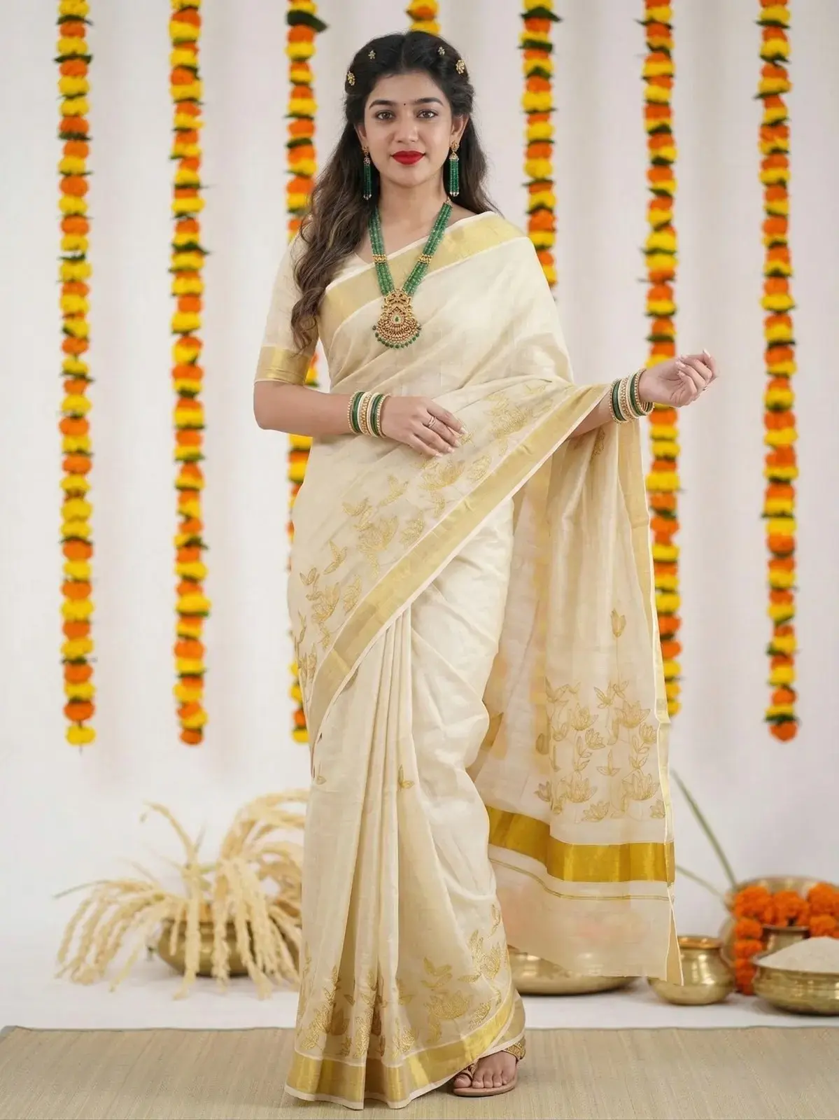 Lotus Golden Embroidery Tissue Kasavu Saree Front View