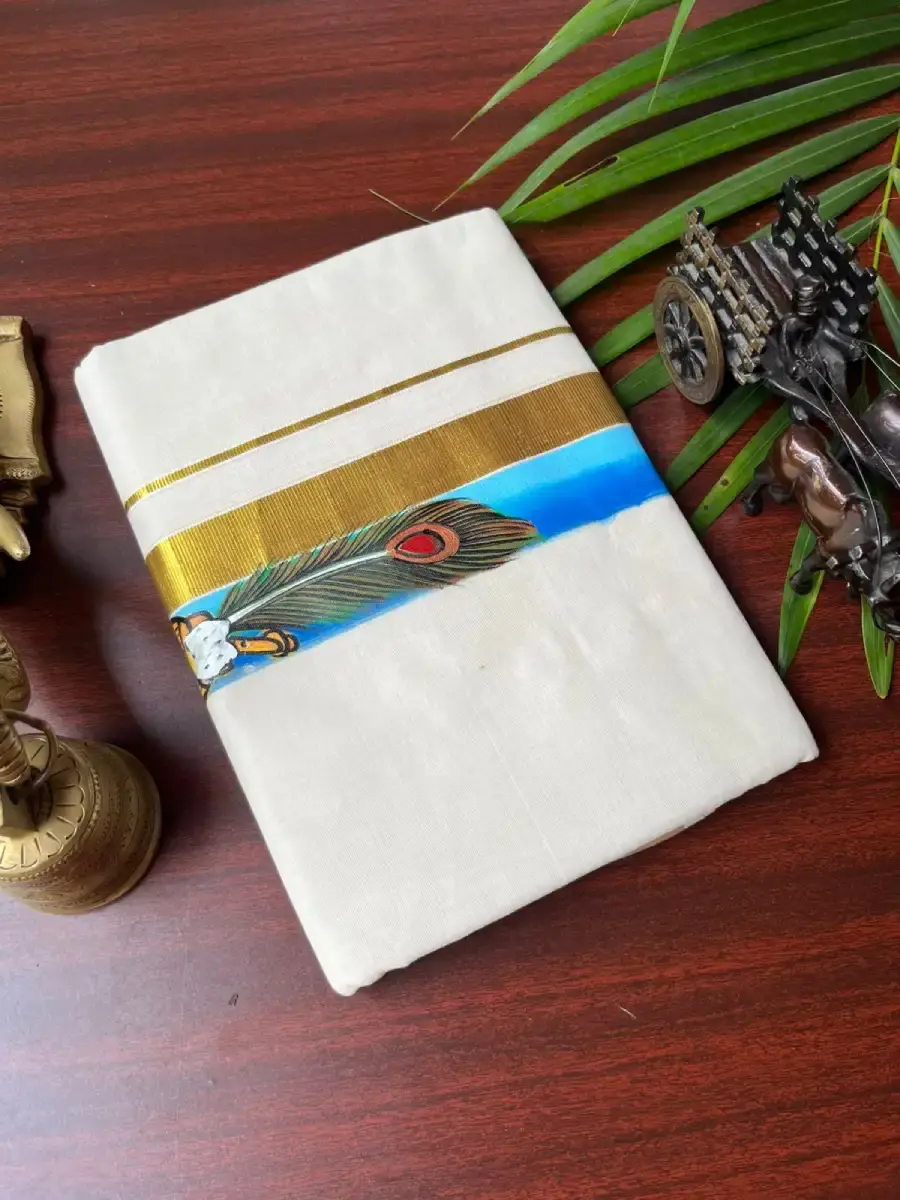 Flute Venna Peeli Hand Painted Kasavu Premium Double Mundu Folded View