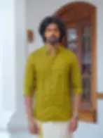 Olive Linen Cotton Shirt and Kasavu Mundu Dhoti Combo Close Up View
