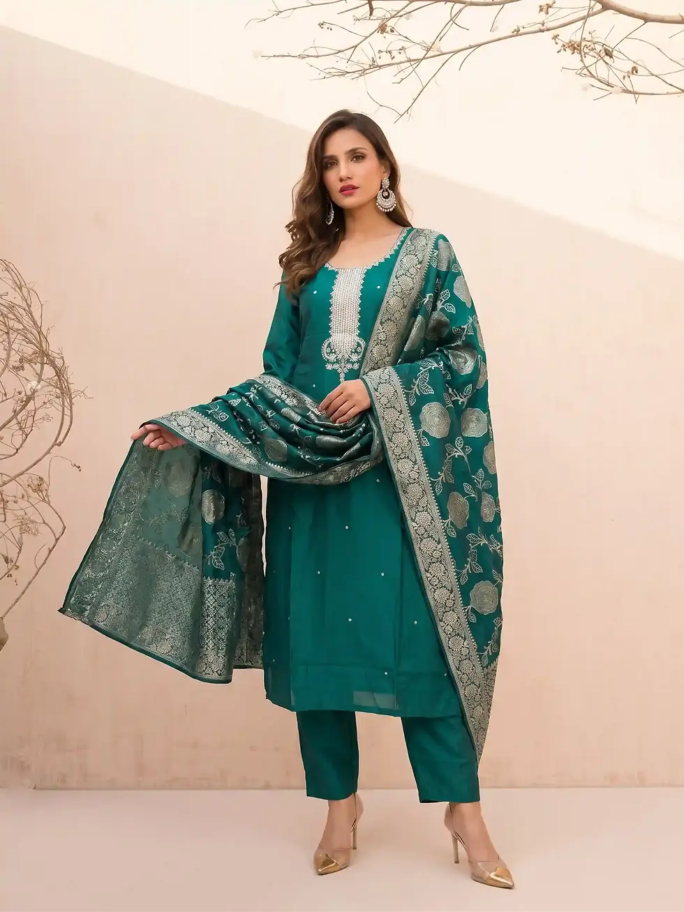 Teal Green Kurta Set with Silver Embroidery With Bloom Dupatta Front View