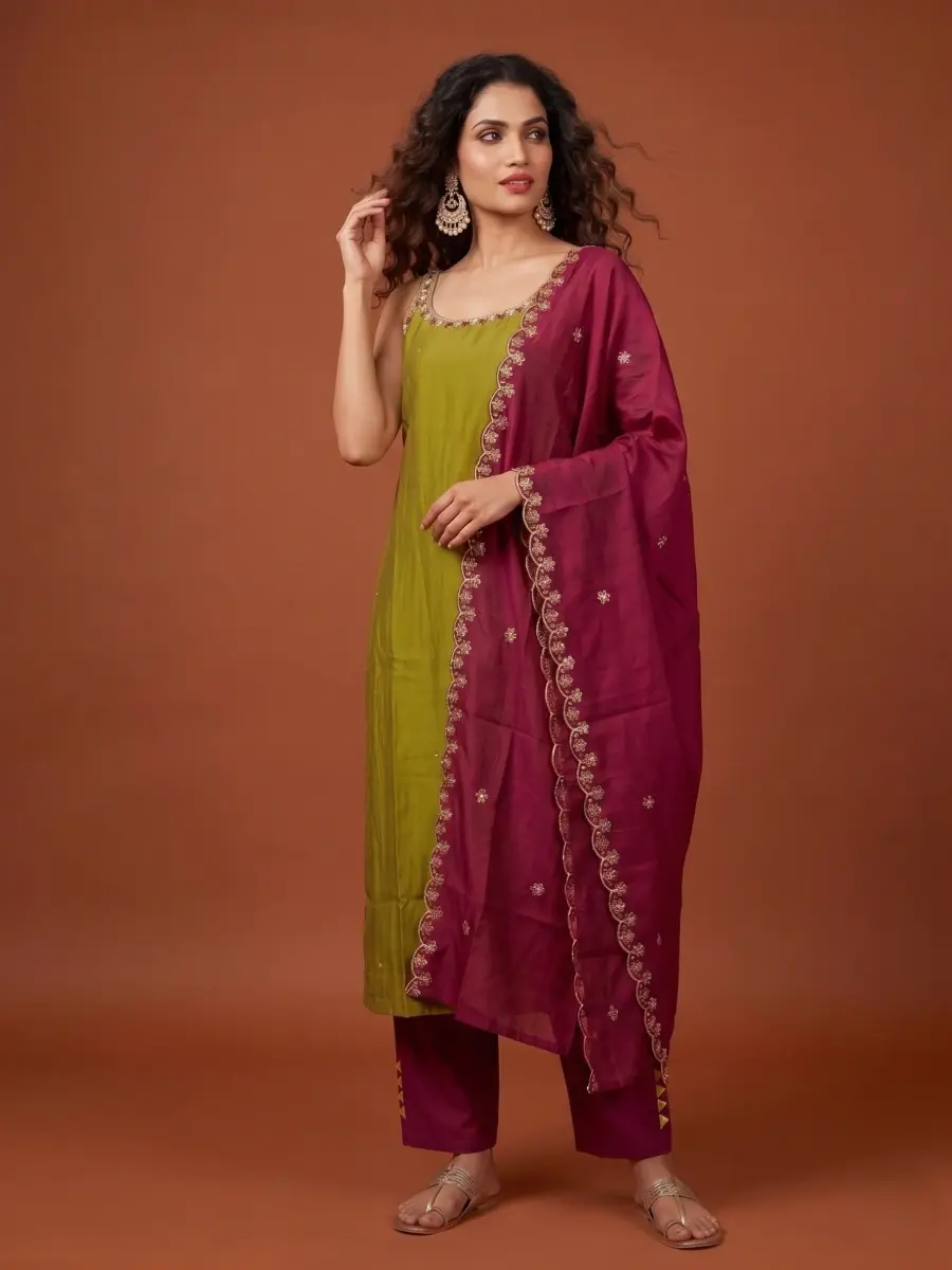 Thumbnail: Olive Green Solid Kurta Set  Side View