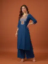 Midnight Blue Multicolor Tribal Embroidered Kurta Set Main View