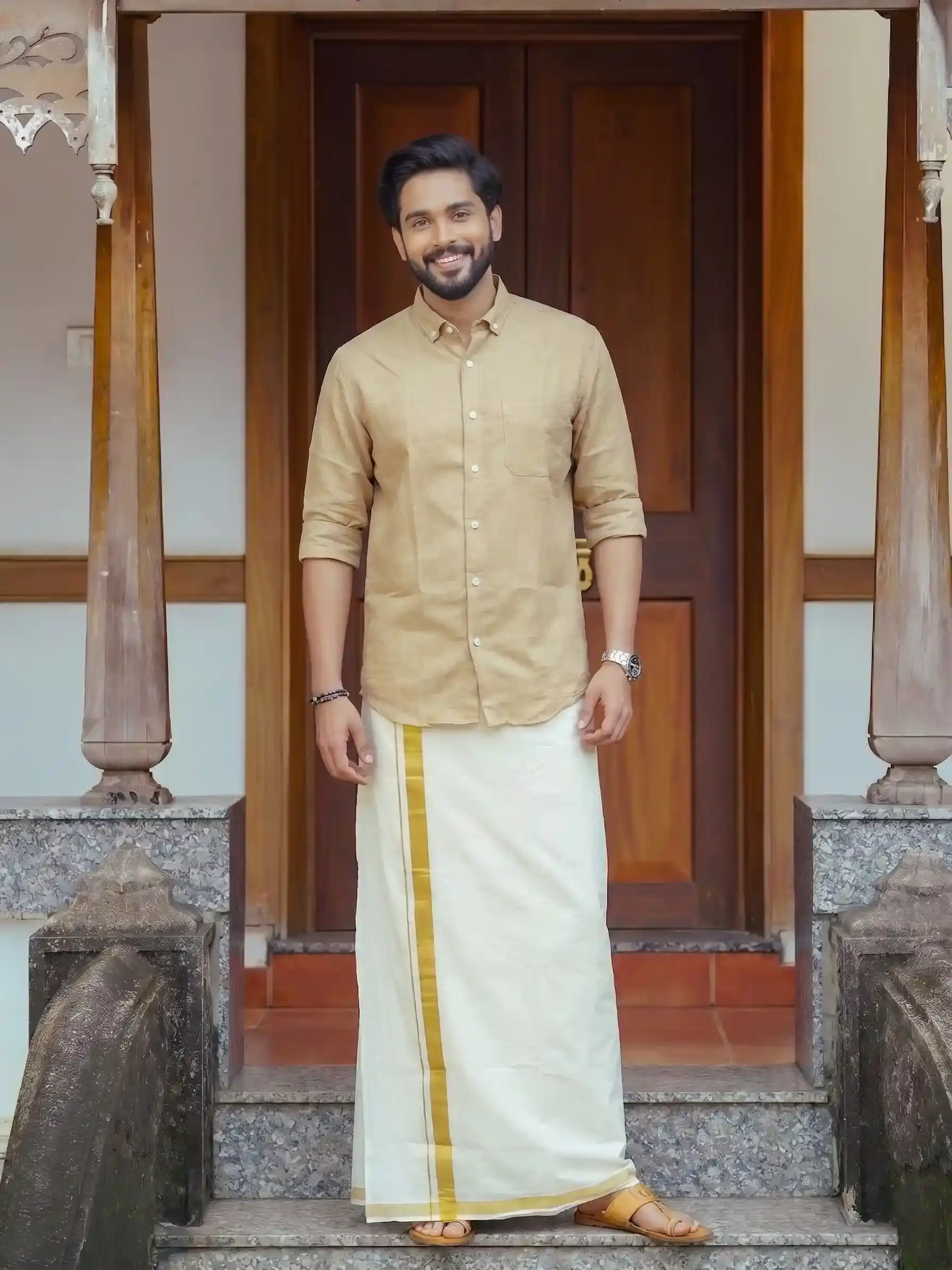 Sand Beige Linen Cotton Shirt and Kasavu Mundu Front View