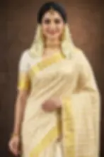 Traditional Kerala Check Design Golden Kasavu Cotton Saree Close-Up View