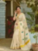 Green Leaf Embroidery Tissue Kasavu Saree Front View