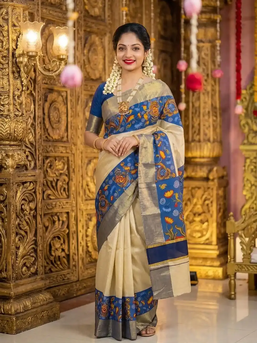 Radha Krishna Marine Mural Tissue Kasavu Saree Main View