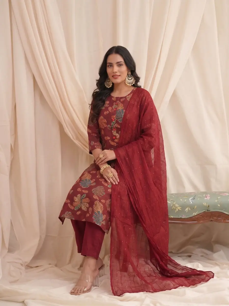 Maroon Multicolor Botanical Print Kurta Set with Dupatta Sitting View