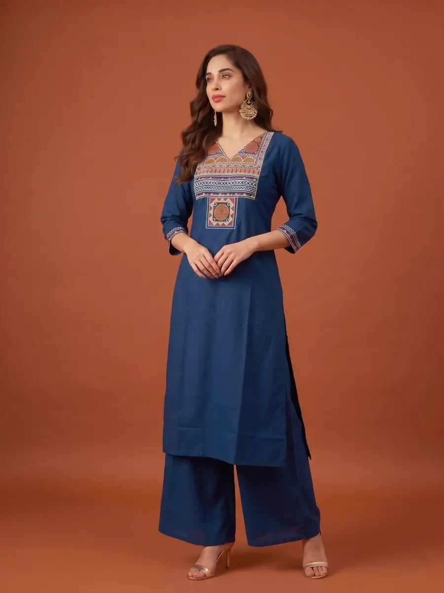 Midnight Blue Multicolor Tribal Embroidered Kurta Set Side View