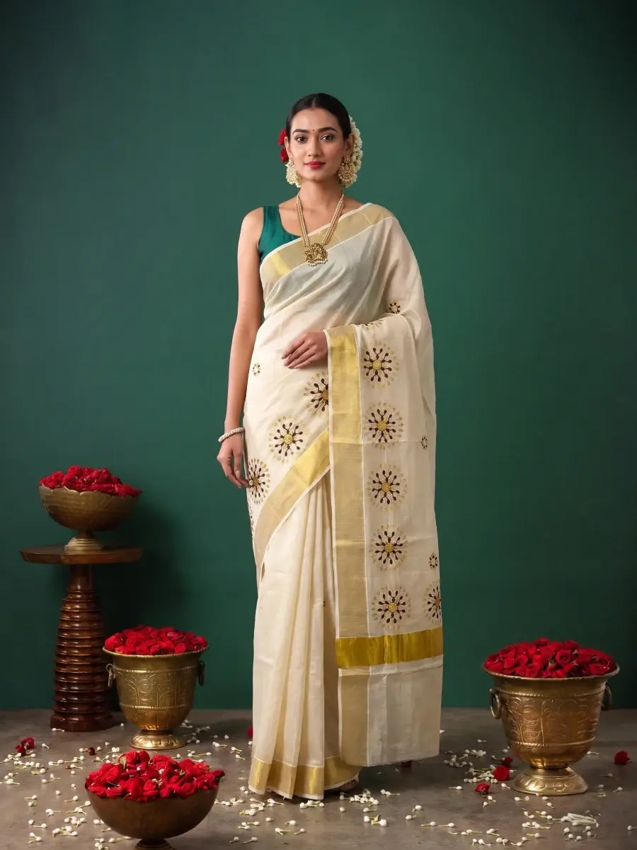 Coffee Brown & Golden Floral Embroidery Tissue Kasavu Saree Main View