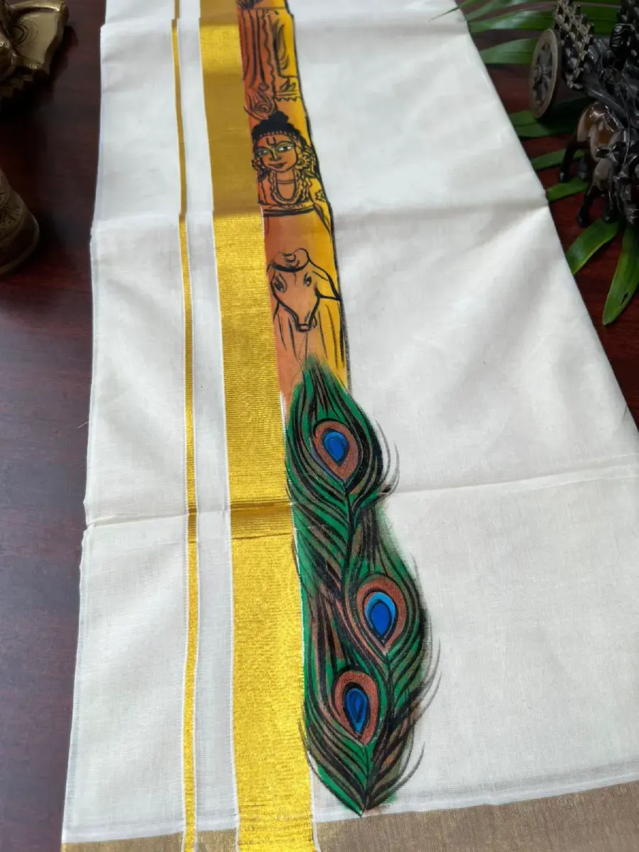 Thumbnail: Krishna Peeli Premium Kasavu Double Mundu Dhoti Close Up View