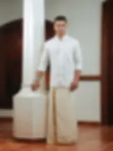 White Linen Cotton Shirt and Kasavu Mundu Dhoti Full View