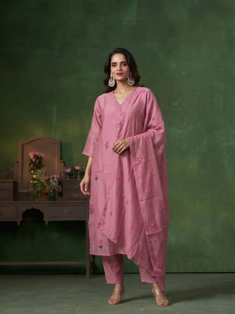 Onion Pink Floral Embroidery 3 Piece Kurta Trouser Set Full View