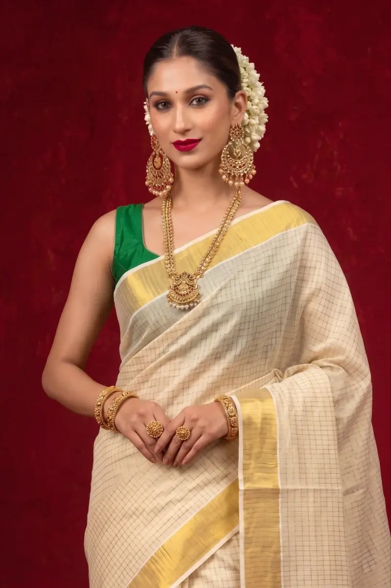 Thumbnail: Golden Block Stripe Kasavu Tissue Saree  Close Up View