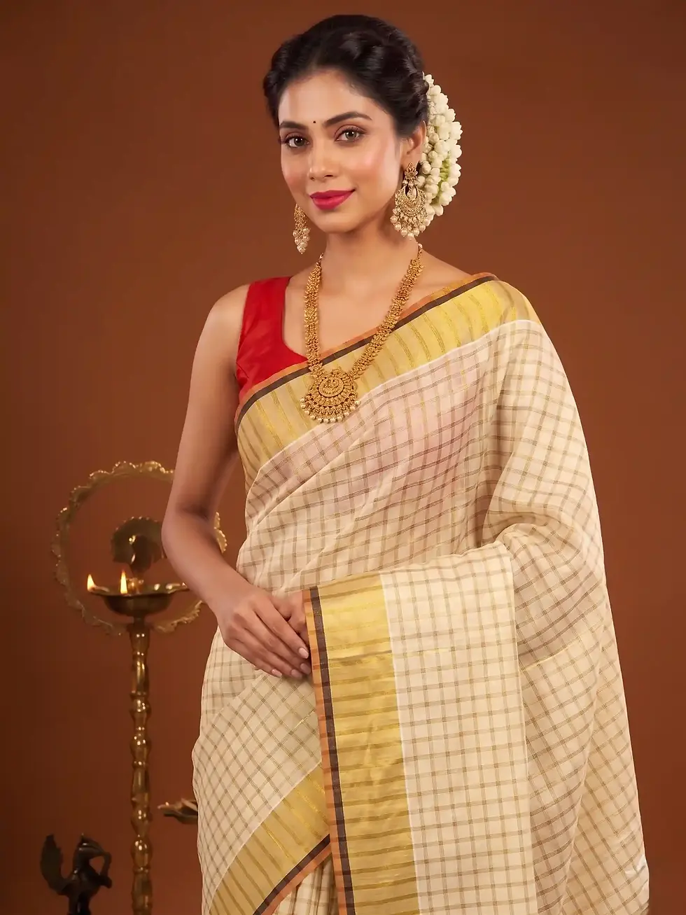Coffee Bean & Orange Golden Block Kasavu Tussel Tissue Saree Close Up View