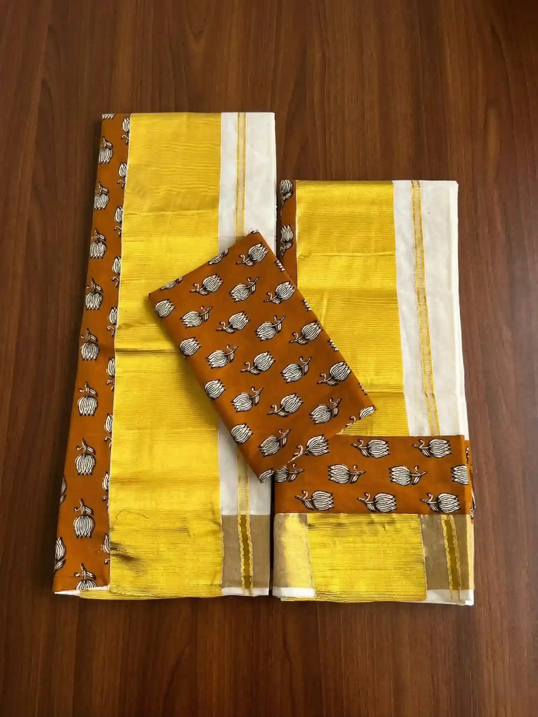 Ajrak Kasavu Golden Kara Cotton Set Mundu Main View