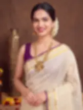 Violet Golden Block Design Kasavu Tussel Tissue Saree Close Up View