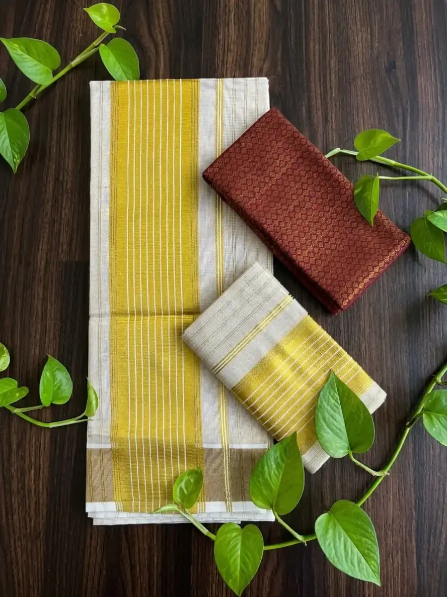 Golden Stripe Kasavu Tissue Setmundu Main View