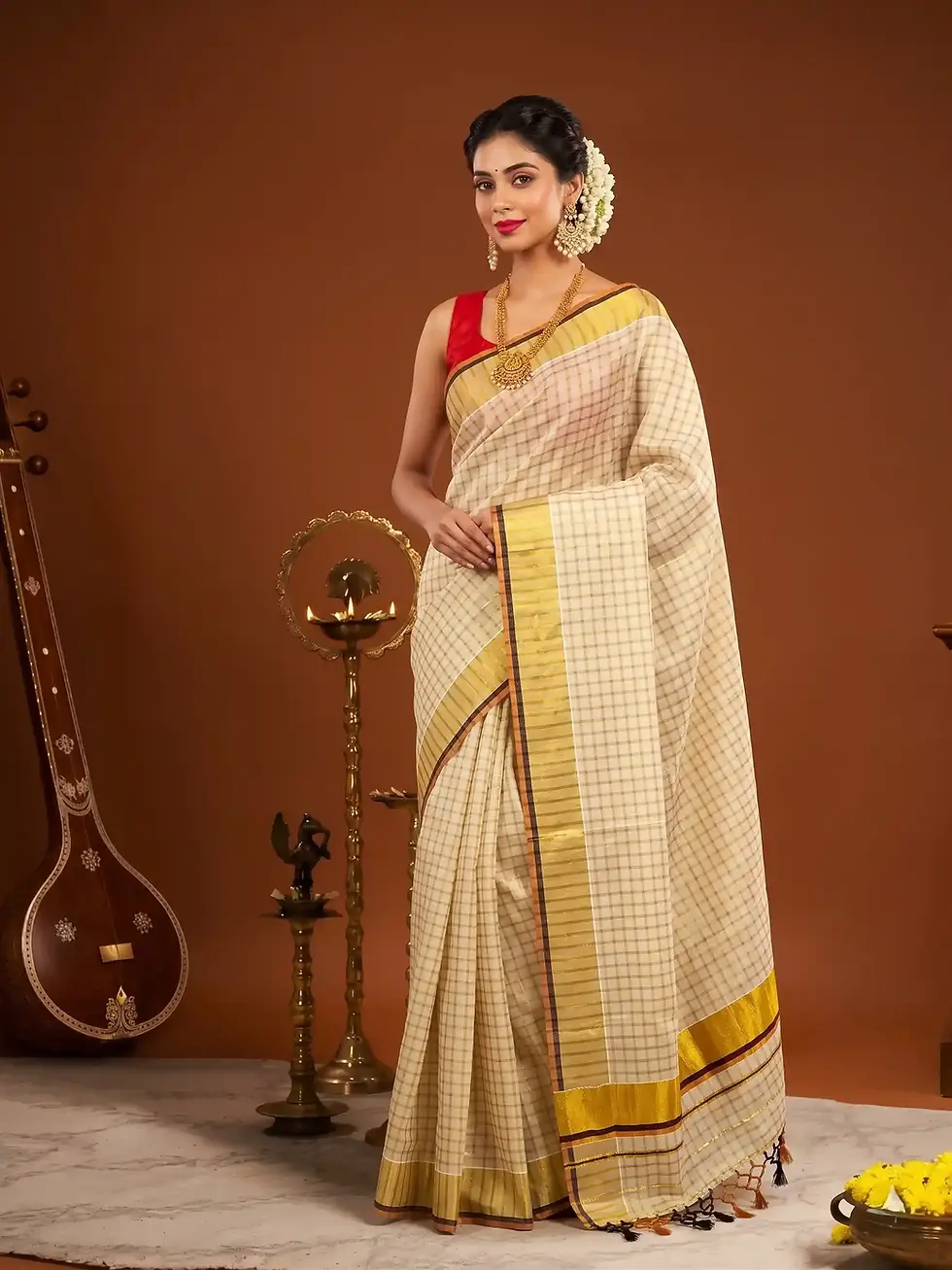 Thumbnail: Coffee Bean & Orange Golden Block Kasavu Tussel Tissue Saree Side View