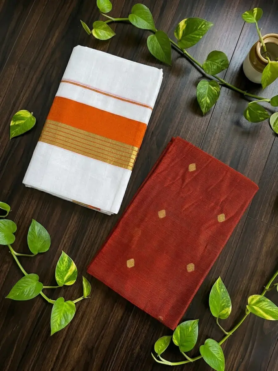 Thumbnail: Pumpkin Orange Golden Kasavu Cotton Setmundu Top View