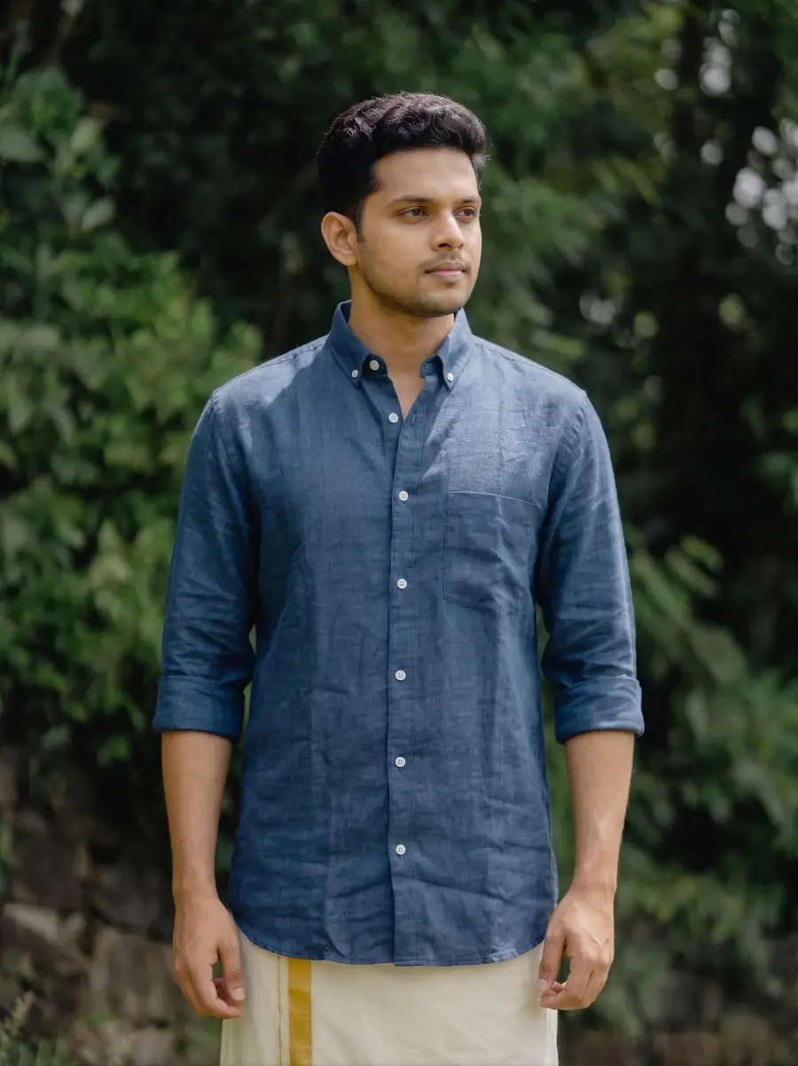 Thumbnail: Denim Blue Linen Cotton Shirt and Kasavu Mundu Dhoti Close Up View