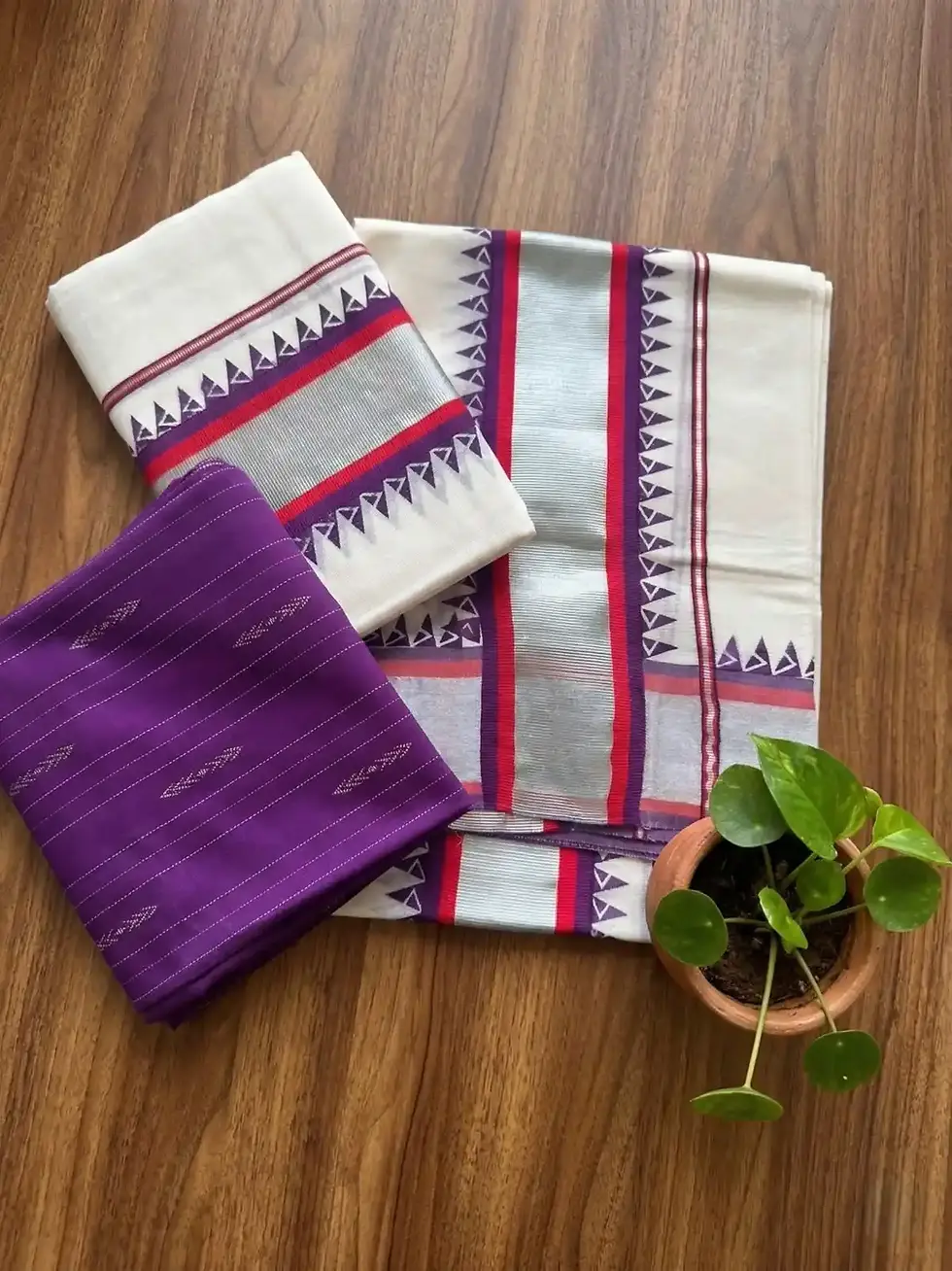 Premium Temple Purple & Red Silver Kasavu Setmundu Main View