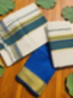 Cerulean Blue Golden Kasavu Cotton Set Mundu Fold View