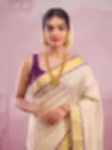 Purple Golden Stripe Kasavu Tussel Tissue Saree Close Up View