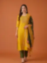 Honey Yellow Embroidered Kurta Set with Olive Dupatta Side View